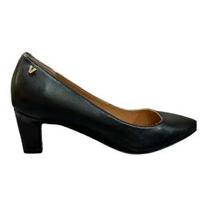 Vionic Black Leather Block Heel Pump with Gold Accent